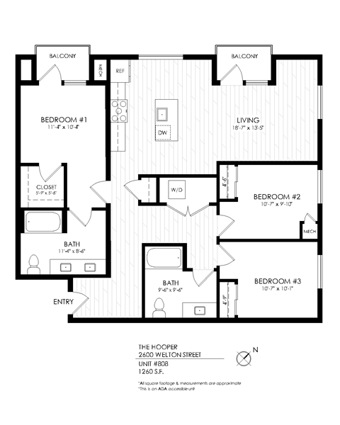Floor plan for 3 beds, 2 baths, 1260 sqft